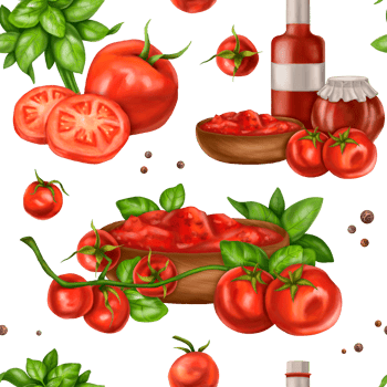 A seamless pattern with juicy red tomatoes, vessels and plates with sauces. A healthy diet of vegetables and ingredients. Floral background for packaging and textiles. Digital isolated illustration png