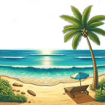 tropical beach with palm tree and beach chair, beach scene with palm tree and beach chair, png