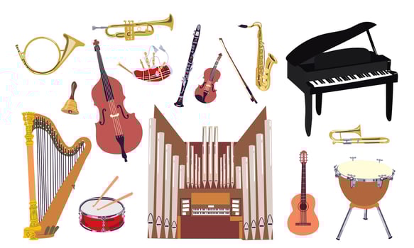 Classical music instruments poster flat style illustration, classic orchestra acoustic flyer or banner, concert or festival live sound, diversity of musical tools. vector