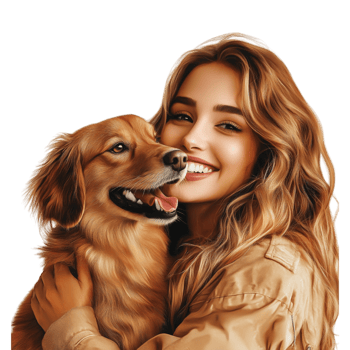 a woman holding a dog with a smile on her face png