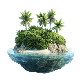 tropical island with palm trees and water on a transparent background png