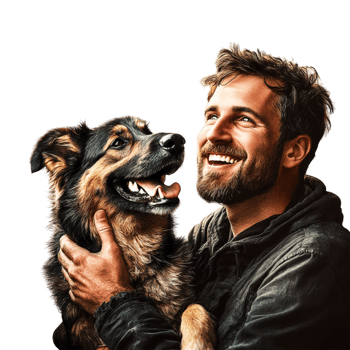man with beard and dog on transparent background png