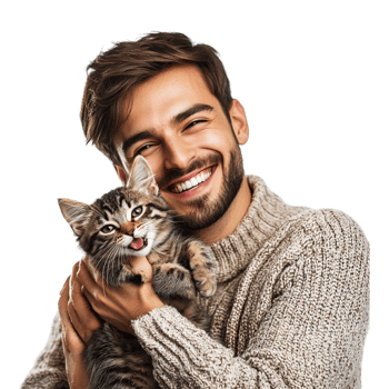 man holding a brown cat and smiling png