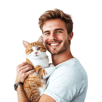 smiling man holding a cat on a transparent background png
