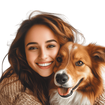 a woman hugging a dog on a transparent background png