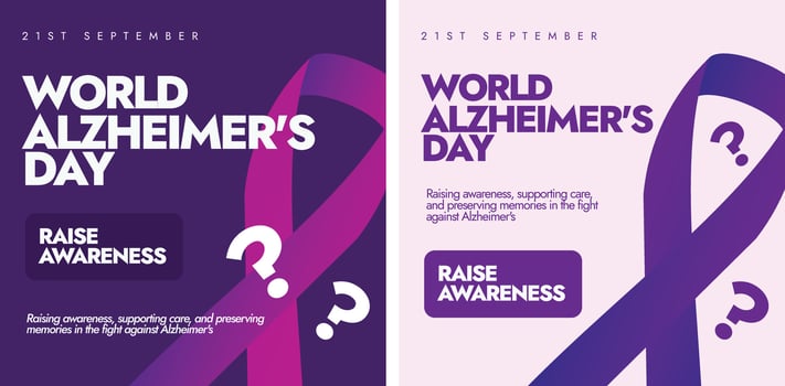 21st September Alzheimer's day awareness banners, posts template with purple ribbon, question mark. Theme for 2024 is Time to act on dementia, Time to act on Alzheimer's. vector