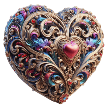 heart-shaped box adorned with vibrant, colorful designs, perfect for storing small treasures or gifts. png