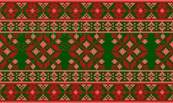 a detailed pattern composed of pixel designs with red and pink square on green background , design for fabric or various pattern printing works. vector