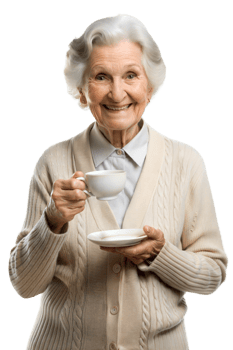 Elderly woman holding a cup of tea or coffee on transparent background png
