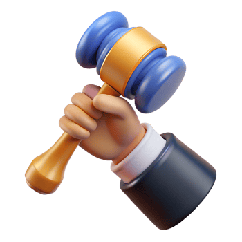 Cartoon human hand holding court hammer 3d rendered illustration. Law and justice element png