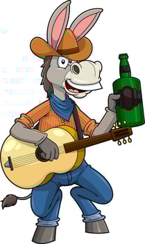 Donkey Jackass Cowboy Cartoon Character With Guitar And Whiskey Bottle vector