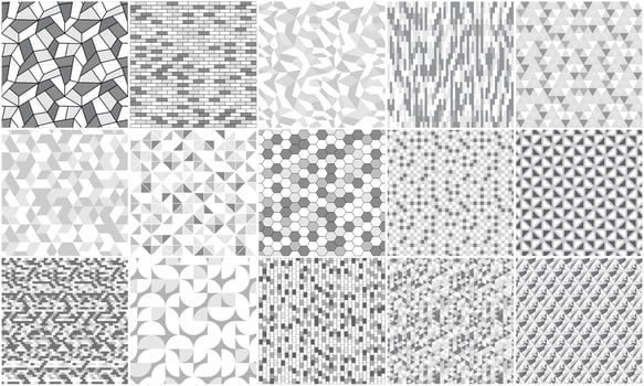 Collection of white and gray geometric patterns. Monochrome mosaic seamless backgrounds. repeatable tile textures vector
