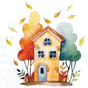 watercolor illustration with a house with autumn leaves and trees. vector
