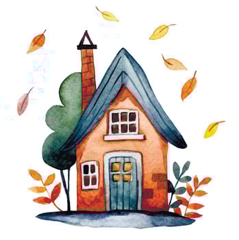 cute house. watercolor illustration with a house with autumn leaves and trees. vector