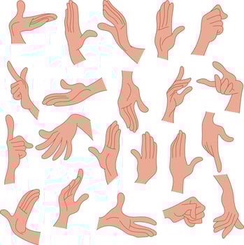 Cartoon human hands, Hands poses gestures, human palms and wrist set vector