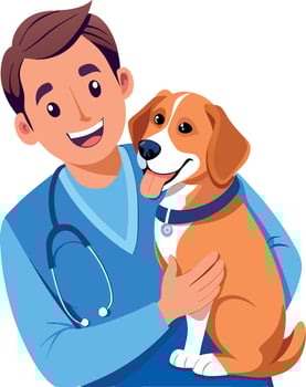 Veterinarian holding smiling beagle dog at vet clinic vector