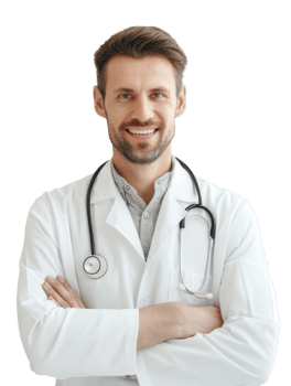 Smiling Caucasian doctor man with stethoscope in hospital. Professional anesthesiologist specialist wearing white medical coat element. ai-generated png