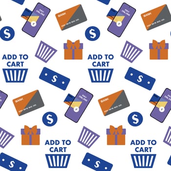 Seamless pattern with shopping Elements in Cartoon style. background with Credit Card, Phone Payment, Shopping Cart. Use for online shop, mobile app, online store, buying on internet banner vector
