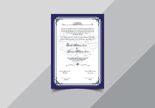 Nikkah Islamic Marriage Certificate and Muslim Wedding Contract template vector