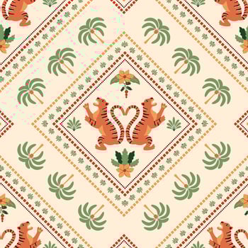Summer ceramic tile pattern with tropical palm tree, Asian tiger animal, checkered geometric shapers. Cute jungle print, funny beach background, damask rhombus ornament, textile design, mosaic vector