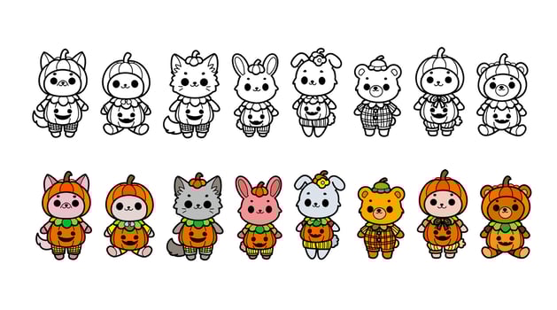 Set of cute animals dressed in pumpkin Halloween costumes, kawaii hand drawn characters, playful and festive nature. vector