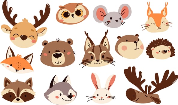 Set of flat illustrations. Forest animals, muzzles and faces bear mouse hare elk deer hedgehog fox squirrel raccoon beaver lynx owl vector