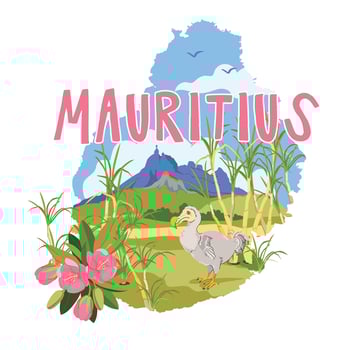 Sugar cane fields with famous mount pieter both on mauritius map. Dodo endemic extinct bird, typical plant mauritiustrochetia boutoniana national symbol of the island. landmarks in flat style. vector