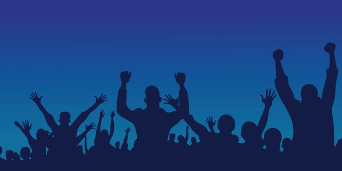 Crowd of people silhouette . Dark background. Party, concert, music festival, dance, fun, disco, concert, sports. Cheerful youth.Cheer audience. vector