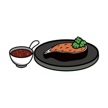 A black plate holds a steak. nearby sits a small bowl of sauce. and a sprig of parsley is placed nex vector