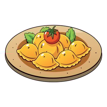 Delicious plate of ravioli pasta garnished with fresh herbs and tomatoes. presented on a rustic wood vector