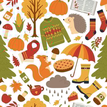 Seamless pattern with autumn elements. Colorful background with leaves, mushrooms, trees, pumpkin, sweater, rubber boots, animals and other stickers. Fall season print vector
