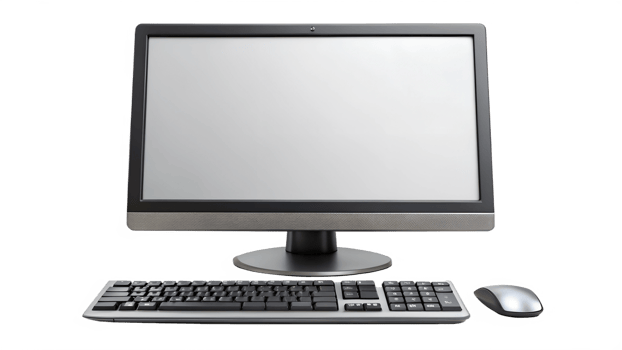 Front view of desktop computer with keyboard and mouse, transparent file png