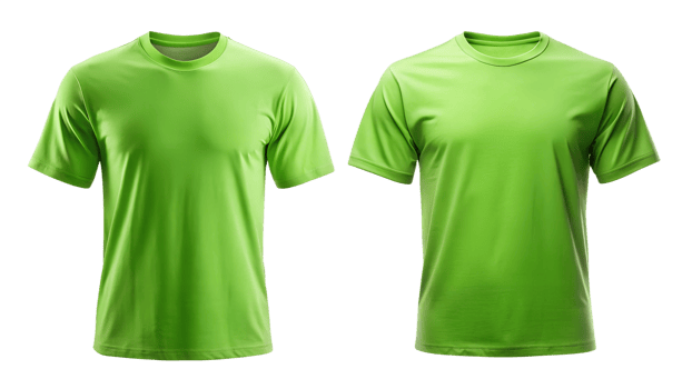Two green t-shirts side by side, isolated on white, casual wear, transparent file png