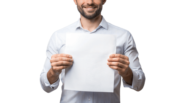 Smiling man holding a blank sheet of paper, isolated, transparent file png