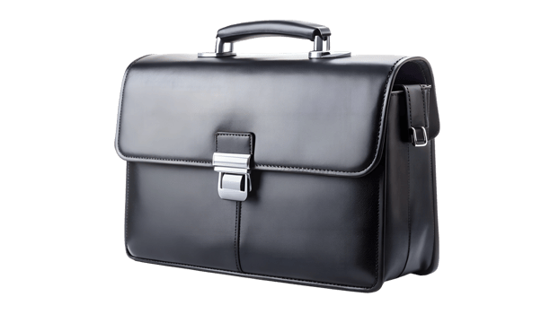 Black leather business briefcase with silver clasp, angled side view, transparent file png