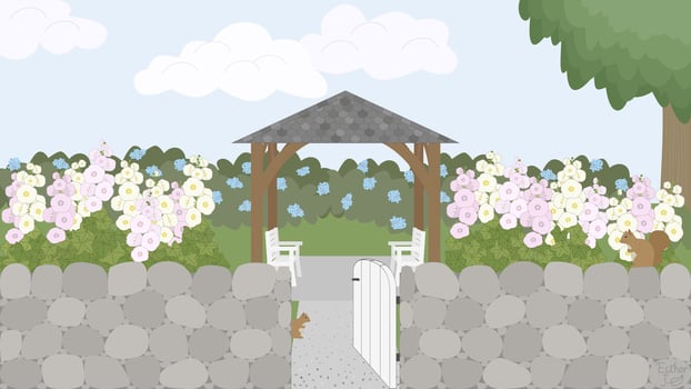 Spring Stone Wall Garden Pavilion Landscape vector