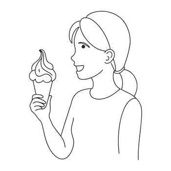 Happy girl eating ice cream line art flat illustration. vector