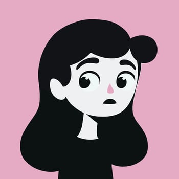 Illustration of a young woman with black hair against a pink background, looking curious. vector