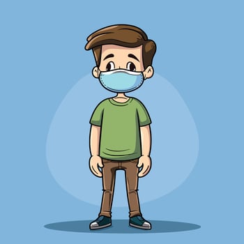 Cartoon boy wearing a mask, standing confidently with a blue background. vector