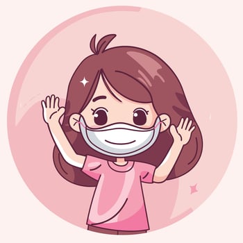 Cute cartoon girl with long hair wearing a face mask and waving cheerfully on a pastel background. vector