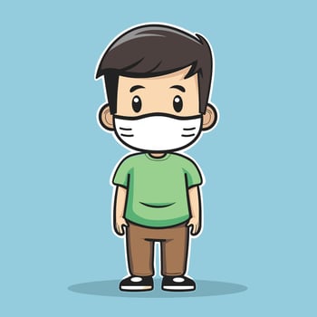 Illustration of a young boy wearing a mask, standing against a blue background. vector