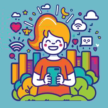 Cheerful young woman using her smartphone with colorful cityscape and icons in the background. vector