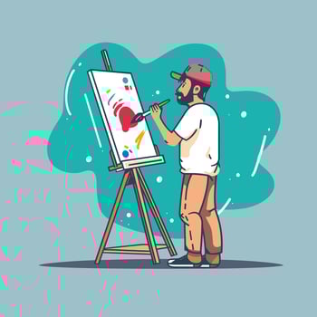 Illustration of a male artist painting on a canvas with vibrant colors on a light blue background. vector