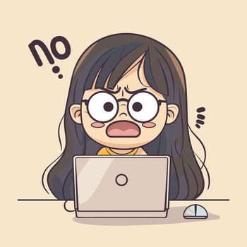 Animated girl with glasses looks frustrated while using a laptop, expressing disbelief. vector