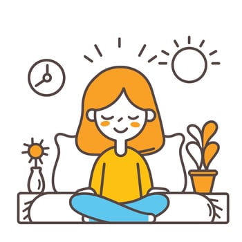 Cheerful cartoon woman meditating in bed, surrounded by icons representing morning routines and positive energy. vector