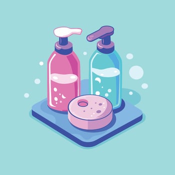 Colorful cartoon-style bathroom toiletries set featuring vibrant pink and blue pump bottles with a soap bar on a teal background vector