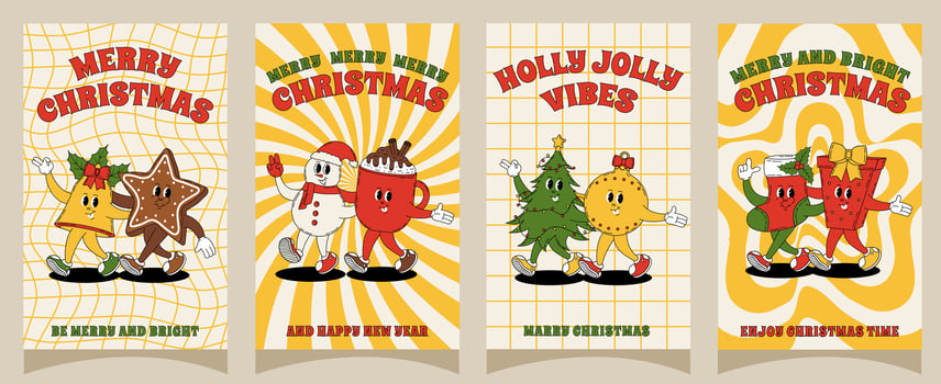 Merry Christmas and Happy New year posters in retro groovy style. vector