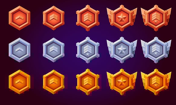 Insignia rank badges. Realistic of silver, bronze, gold hexagon with wings, spikes, stars, level progress symbol. Flat design. Metallic style. vector
