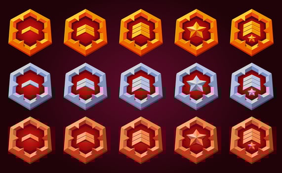 Game level up reward badges set with spykes.Rank reward, victory, success achievement award trophy. flat golden symbol for progress and evolution. Red color. vector