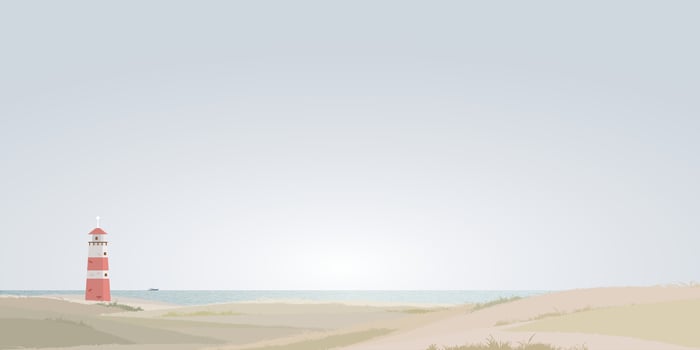 Minimalist seashore landscape with lighthouse have yacht at skyline flat design graphic illustration. Coastline with beacon have blue sky background. vector